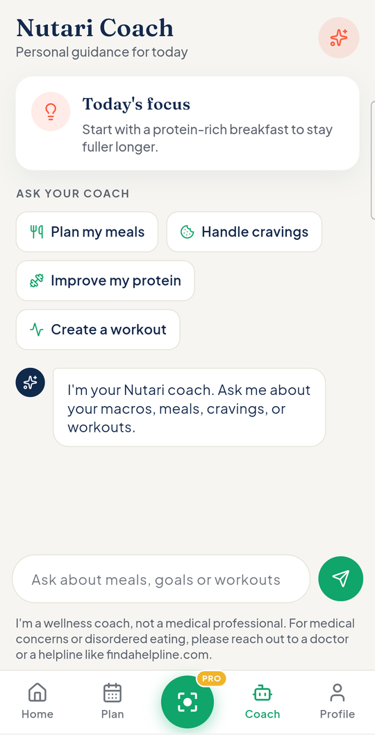 Nutari AI nutrition coach chat