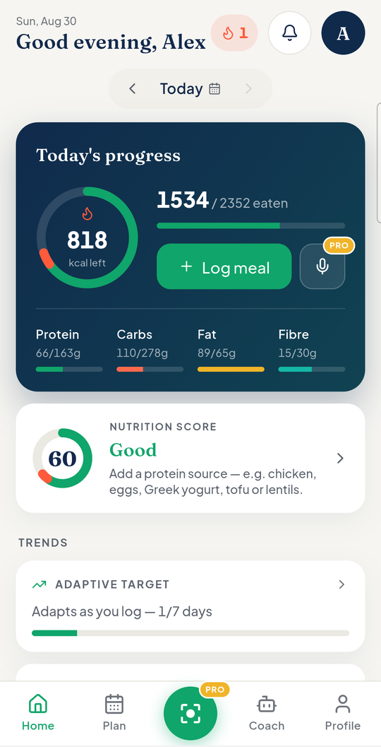Nutari home dashboard with the daily energy ring, macros and nutrition score