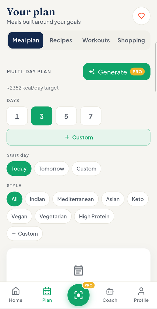Multi-day meal plan builder with cuisine styles