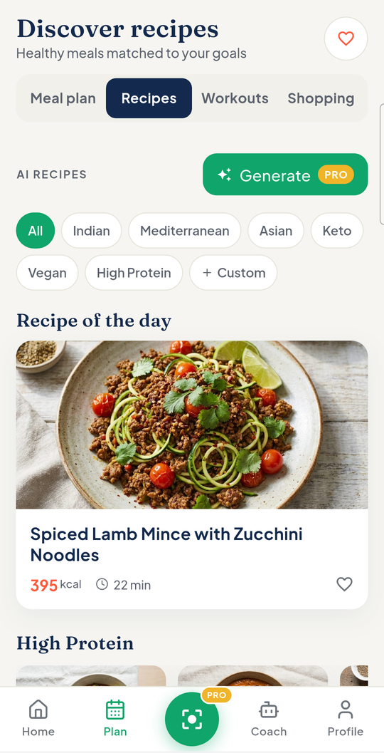 Discover recipes — AI recipe of the day with calories and cook time