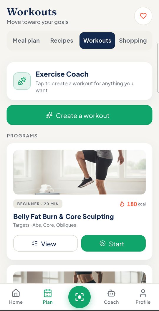 Nutari workouts tab with guided programs