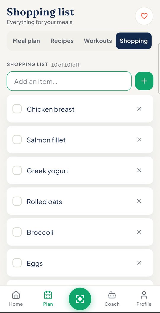 Nutari shopping list with grocery items